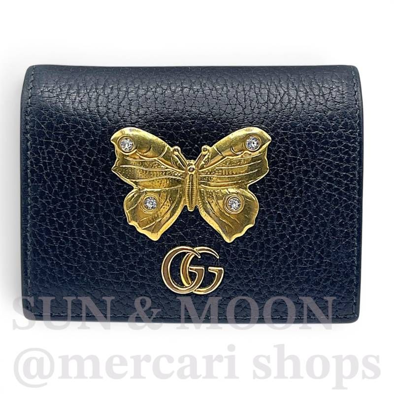 GUCCI グッチ マーモント 二つ折り財布 コンパクトウォレット バタフライ 黒 ブラック ゴールド 蝶 ストーン OJ267-3