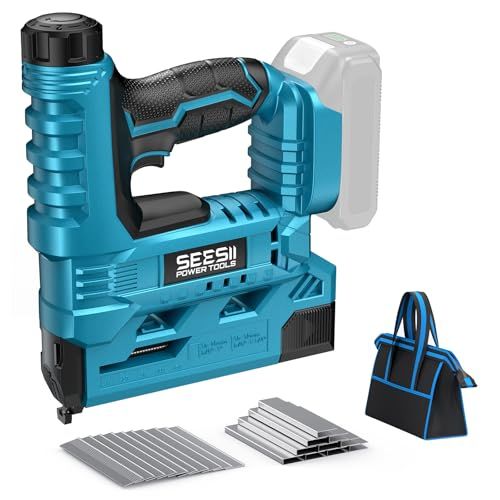 SEESII ピンタッカー 充電式 電動タッカー 18Vバッテリー互換 6段階打撃力調整 フィニッシュネイラー 釘打ち機 コードレス 軽量設計 単発 連続切替 LEDライト 木工 DIY 建築 軒天 仮留め 家具 組み立て 1000本釘付属 85912d6d