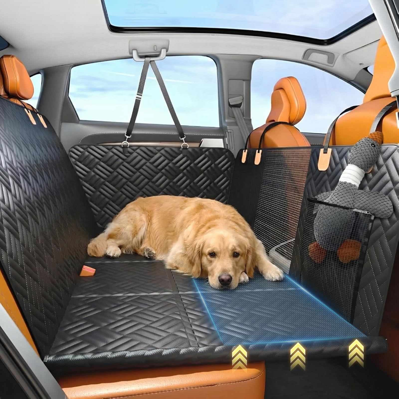 ペットドライブシート 犬用 車 後部座席 犬ドライブシート【8枚硬質ボード?座席硬化 安定快適】防水 汚れ防止 傷つきにくい 滑止め ハーネス付きドライブベッド 丈夫 汎用 空間拡張 可視メッシュ窓 リード 取り付け簡単 折り畳み式 カバー 097225db