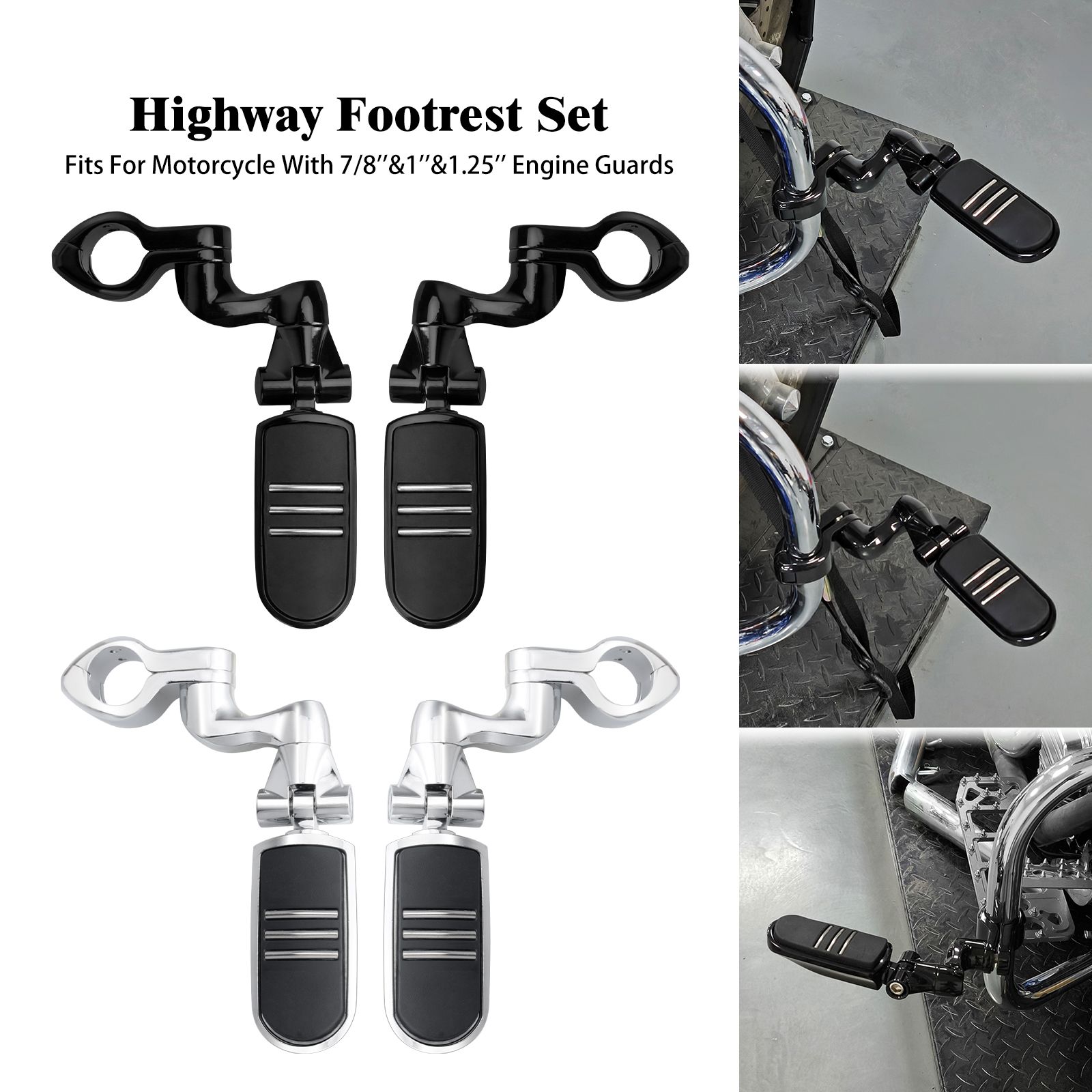 ハーレー用 1.25インチ 高速道路フットペグセット ブラック/クローム