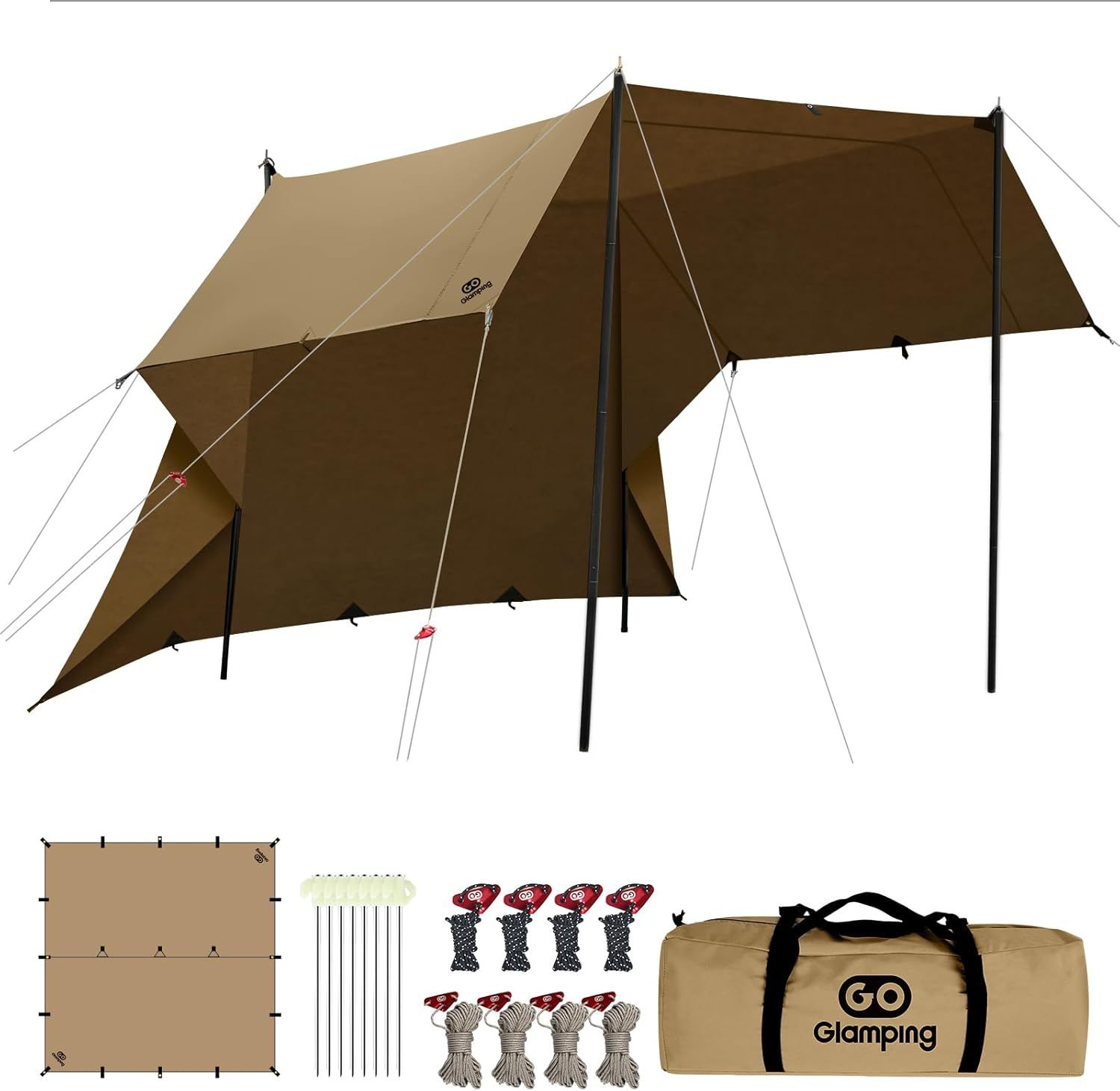 GOGlamping HENGEN+スクエアタープTC 正方形タープ ポリコットン 焚き火可 【19箇所ループ・特殊防水テープ付き】500mm耐水圧 撥水加工 遮光/遮熱/難燃 ソロキャンプ 軽量
