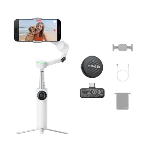 Insta360 Flow 2 Pro Mic キット(ホワイト)? 折りたたみ式AIスマホジンバル、3軸手ブレ補正、Apple DockKit対応で200以上のアプリを追跡、Mic Air搭載、複数人&360°パン追跡、三脚&自撮り棒内蔵yu