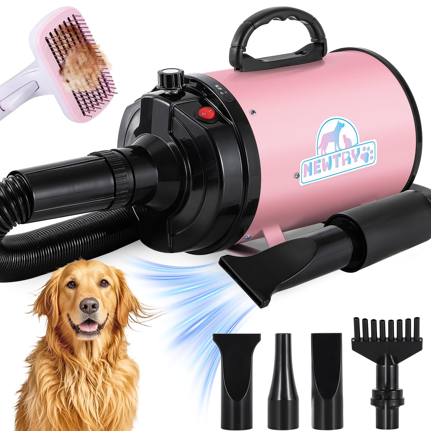NEWTRY ペットドライヤー 犬用 ペット用 ドライヤー ブロワー 送風機 無段階速度制御 四つのノズル付き ブラシ付き 風速、温度調整可能 大風量 騒音低減 100V 50Hz/60Hz 650-1800W(ピンク)t 3b93edaa