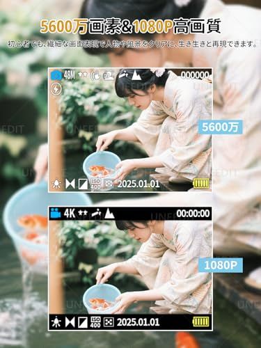 デジタルカメラ 5K スマホに送れる デジカメ 5600万画素 64GBマイクロSDカード付き 16X 180°回転 オートフォーカス機能 LEDライト ウェブカメラ 2.8インチ大画面 バッテリー2枚 コンパクト 初心者/子供/自撮り/修学旅行/Vlog/★