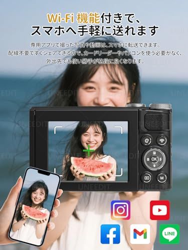 デジタルカメラ 5K スマホに送れる デジカメ 5600万画素 64GBマイクロSDカード付き 16X 180°回転 オートフォーカス機能 LEDライト ウェブカメラ 2.8インチ大画面 バッテリー2枚 コンパクト 初心者/子供/自撮り/修学旅行/Vlog/★