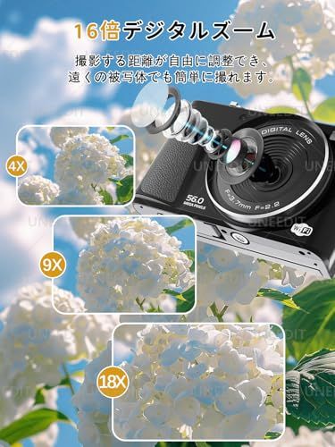 デジタルカメラ 5K スマホに送れる デジカメ 5600万画素 64GBマイクロSDカード付き 16X 180°回転 オートフォーカス機能 LEDライト ウェブカメラ 2.8インチ大画面 バッテリー2枚 コンパクト 初心者/子供/自撮り/修学旅行/Vlog/★