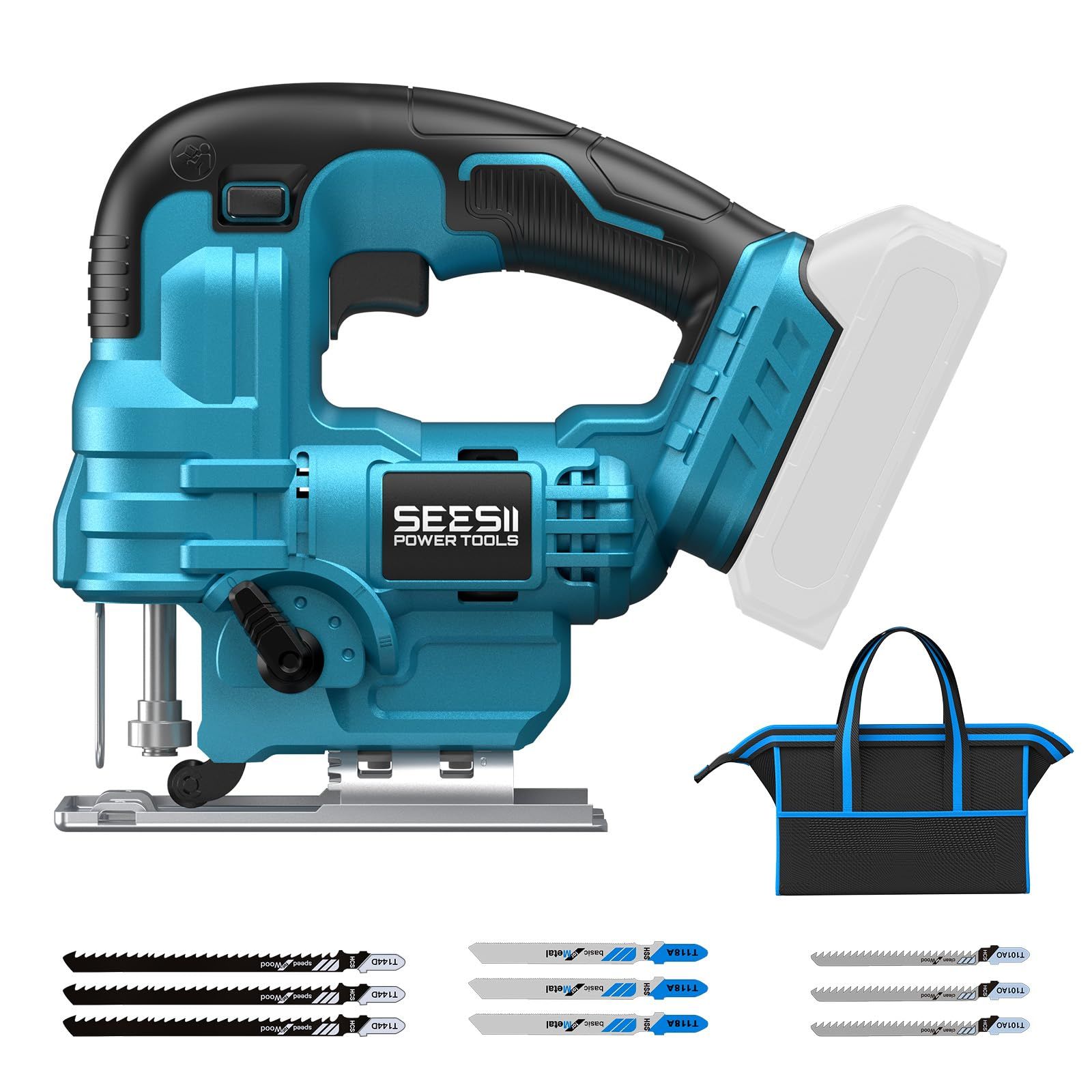 SEESII ジグソー 充電式 電動のこぎり 18Vバッテリー互換 4段階オービタルアクション 0-45°傾斜切断対応 2800RPM 高速ストローク ツールレス刃交換 LEDライト搭載 曲線切り 木工 金工 DIY 日曜大工 粗大ゴミ解体 本体のみ（バpms