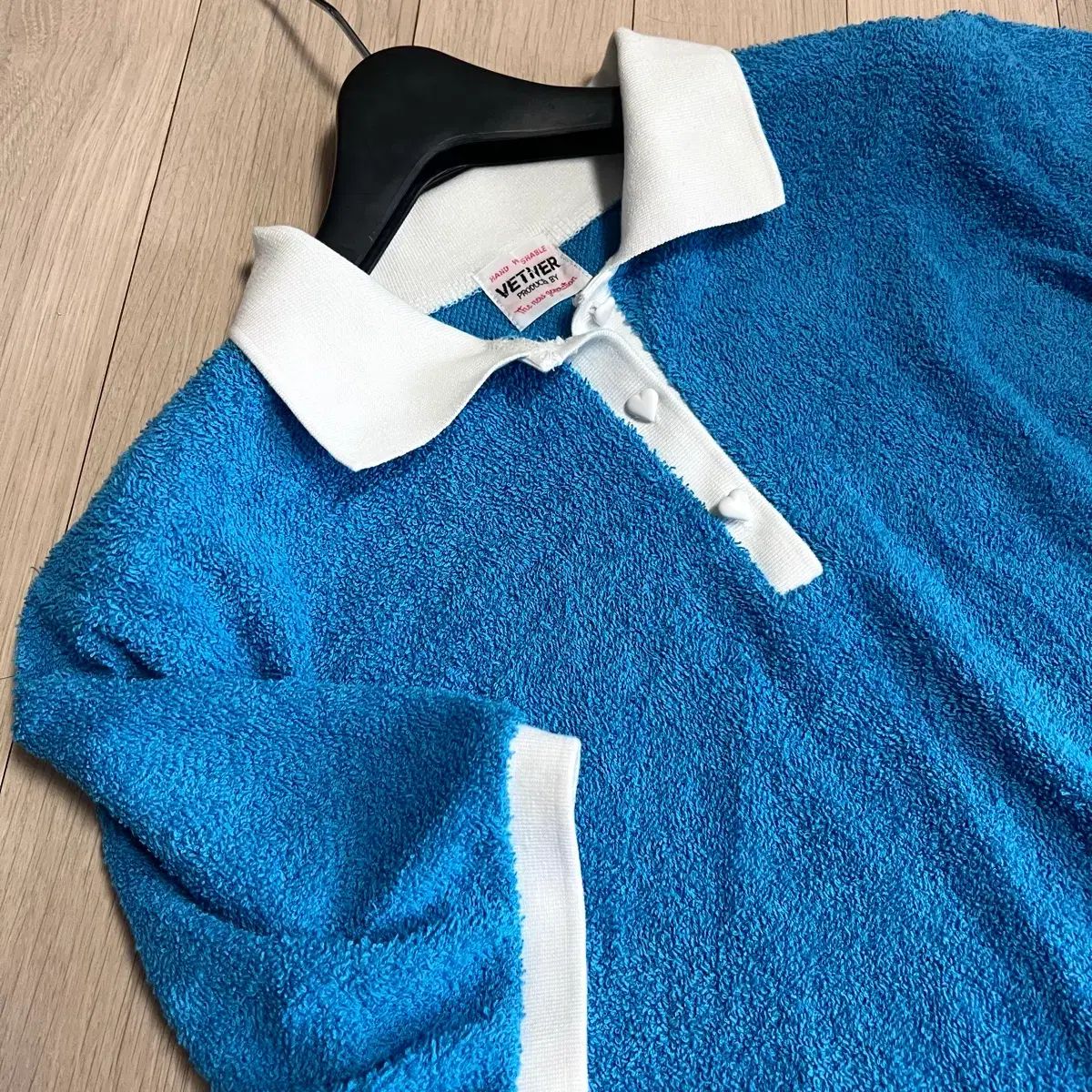 ベティバー VETIVER ハートボタン フレンチテリー半袖 カラーTシャツ タオル素材 リゾートスタイル 休暇スタイル プール 水着カバーアップ バイカラー ブルー 青