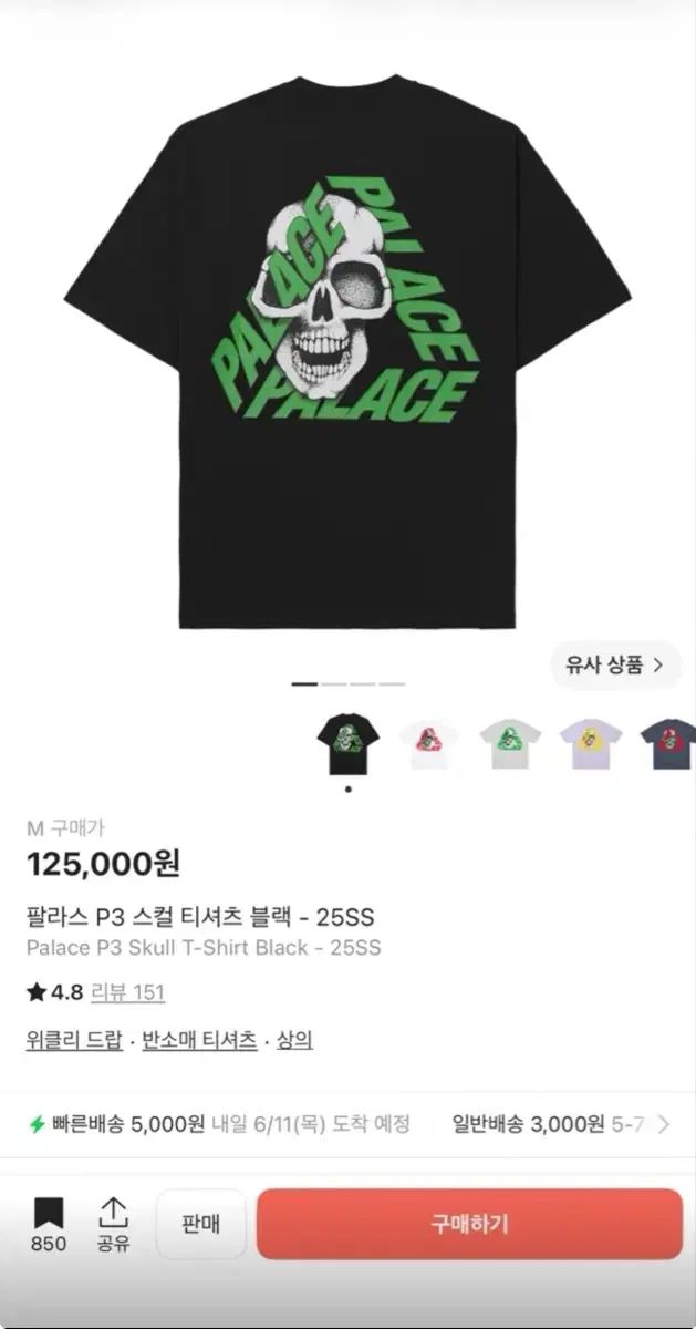 PALACE P3 スカル Tシャツ ブラック 半袖