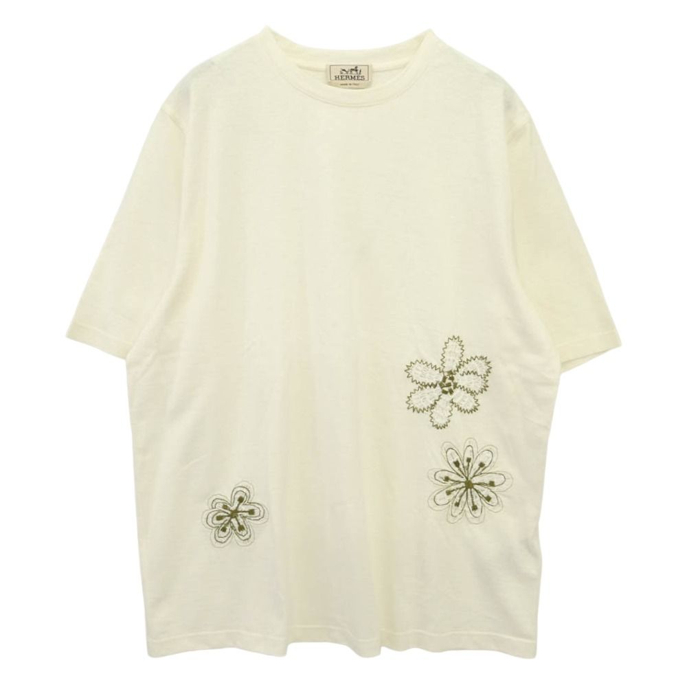 HERMES エルメス 557890HA イタリア製 フラワー刺繍 リネン 麻混 半袖 Tシャツ オフホワイト系 L【極上美品】【中古】