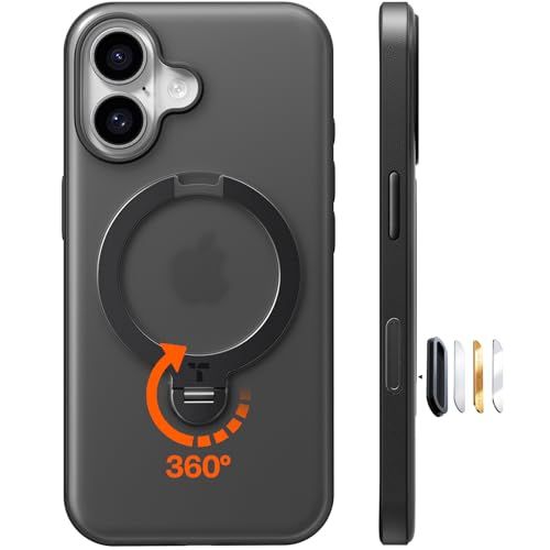 【多機能一体・360°新定点回転スタンド】TORRAS iPhone 16 用 ケース 縦横両対応 リング付き マグネット搭載 ワイヤレス充電対応 耐衝撃 防指紋 半透明 あいふおん16 用ケース Ostand Q3 Spin ブラックi 21875503