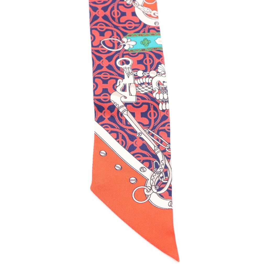 HERMES (エルメス) ツイリー 馬銜と鎖 シルクスカーフ レッド×ネイビー