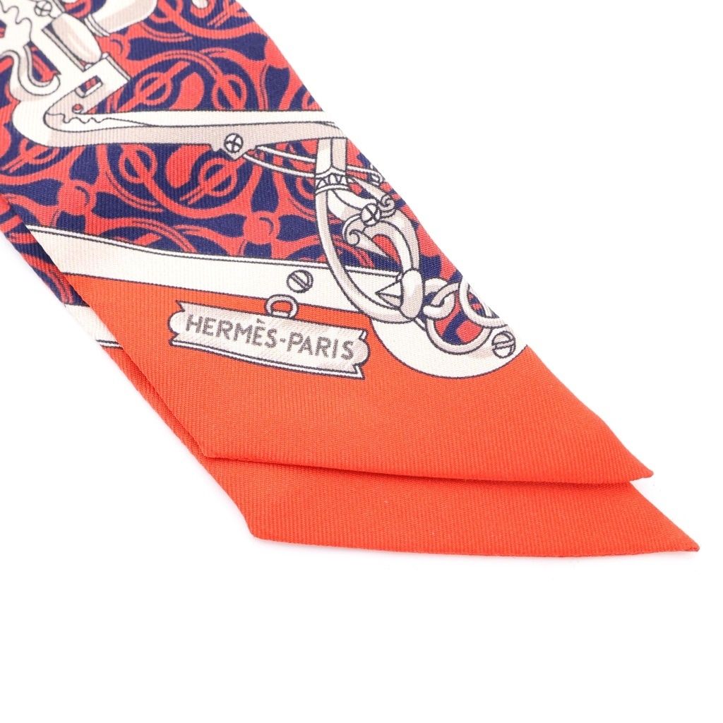 HERMES (エルメス) ツイリー 馬銜と鎖 シルクスカーフ レッド×ネイビー