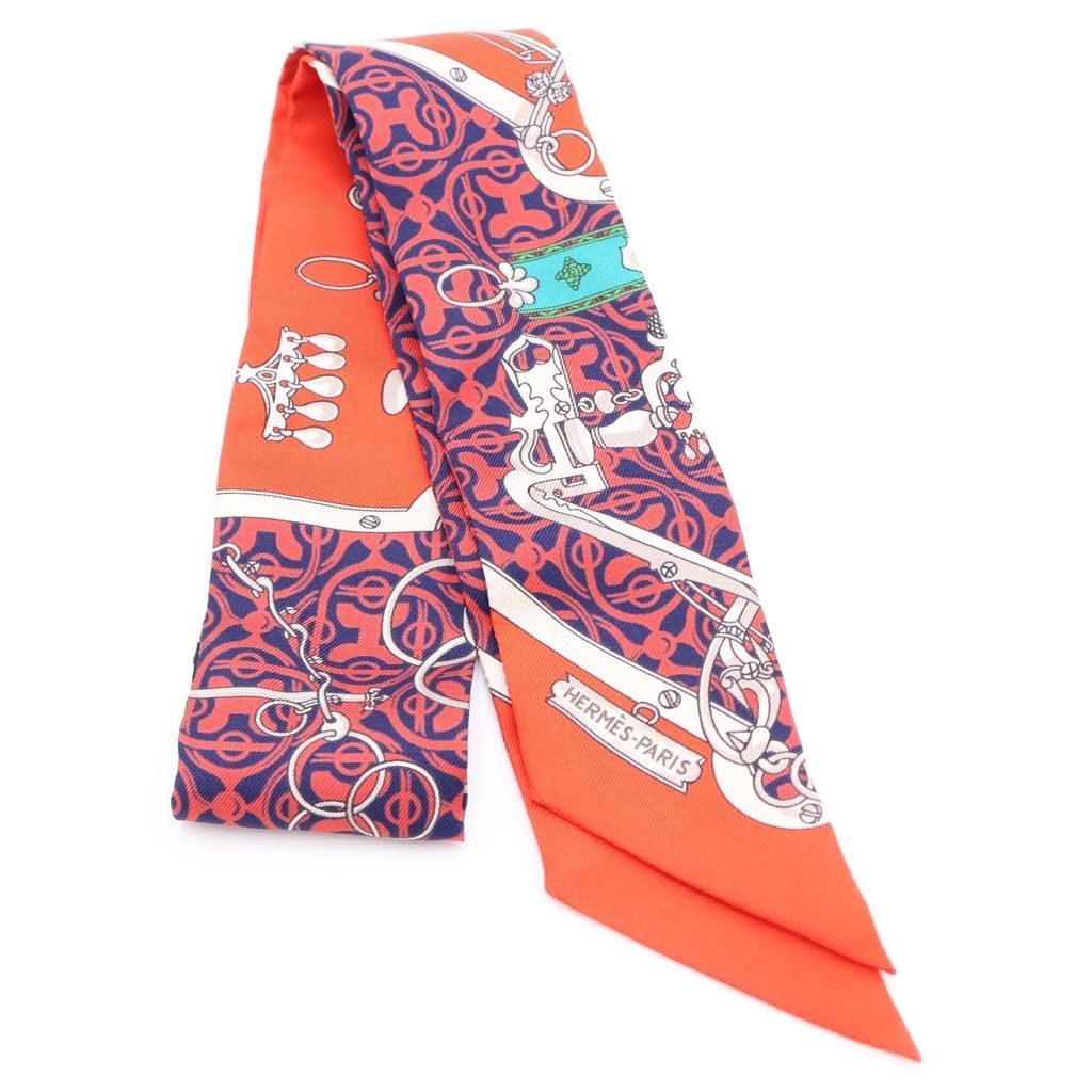 HERMES (エルメス) ツイリー 馬銜と鎖 シルクスカーフ レッド×ネイビー