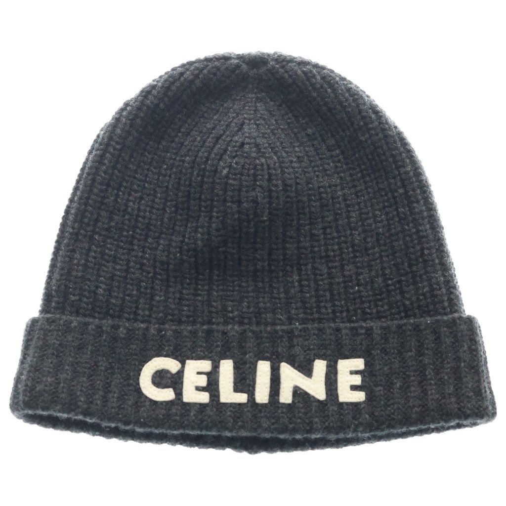 CELINE (セリーヌ) リブ編みウールニット帽 ビーニー ロゴ グレー