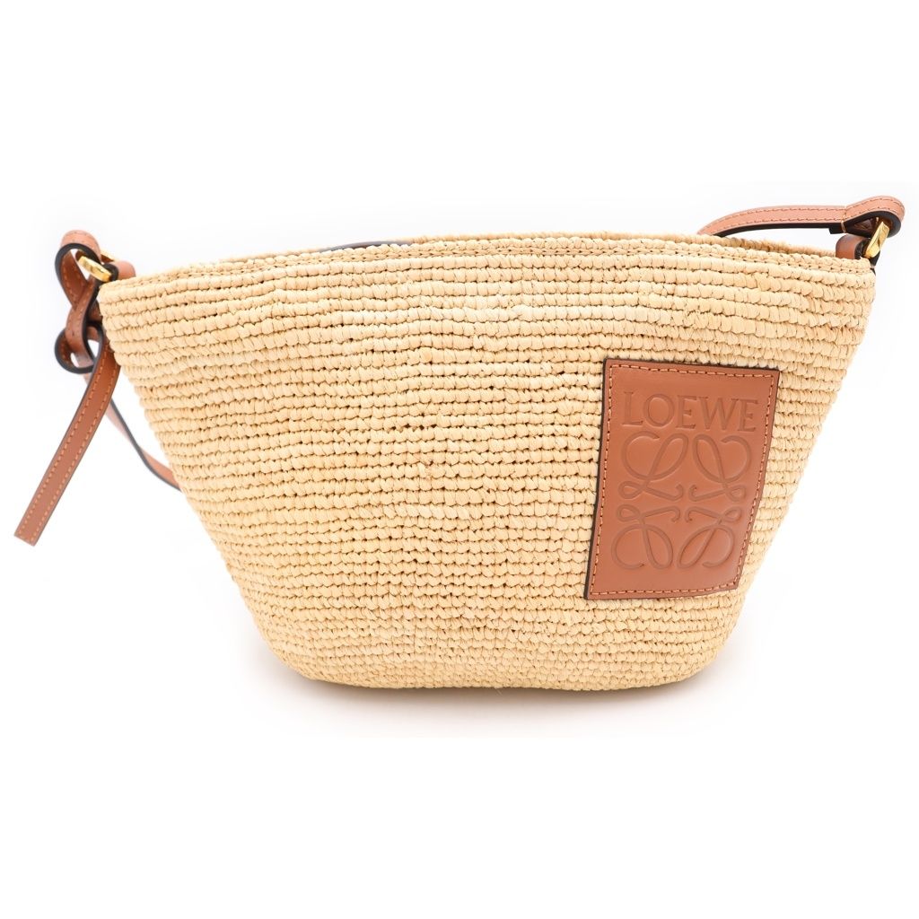 LOEWE (ロエベ) アナグラム スリット ポシェットバッグ ラフィア×レザー ショルダーバッグ かごバッグ ナチュラルタン/ブラウン