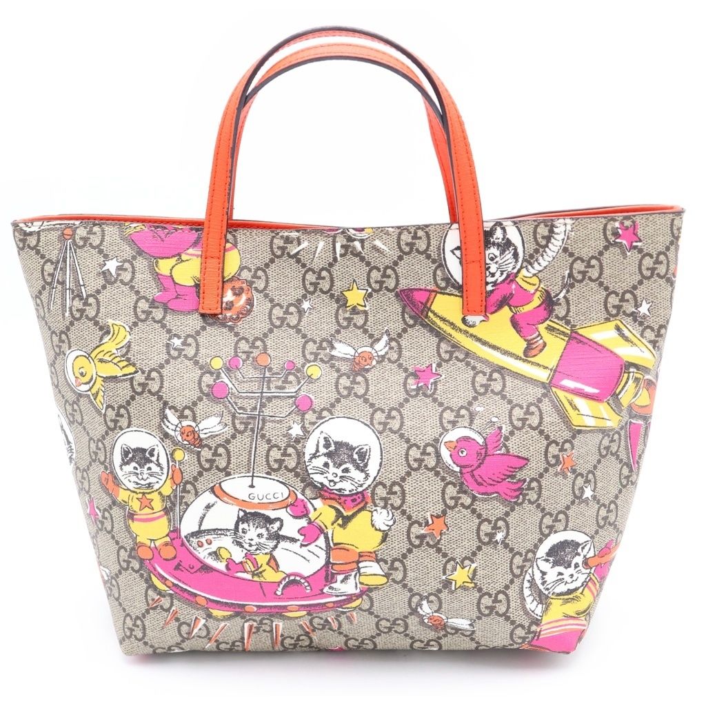 GUCCI (グッチ) チルドレンズ GGスプリーム アニマル PVC レザー ミニトートバッグ ハンドバッグ ベージュ/オレンジ 410812