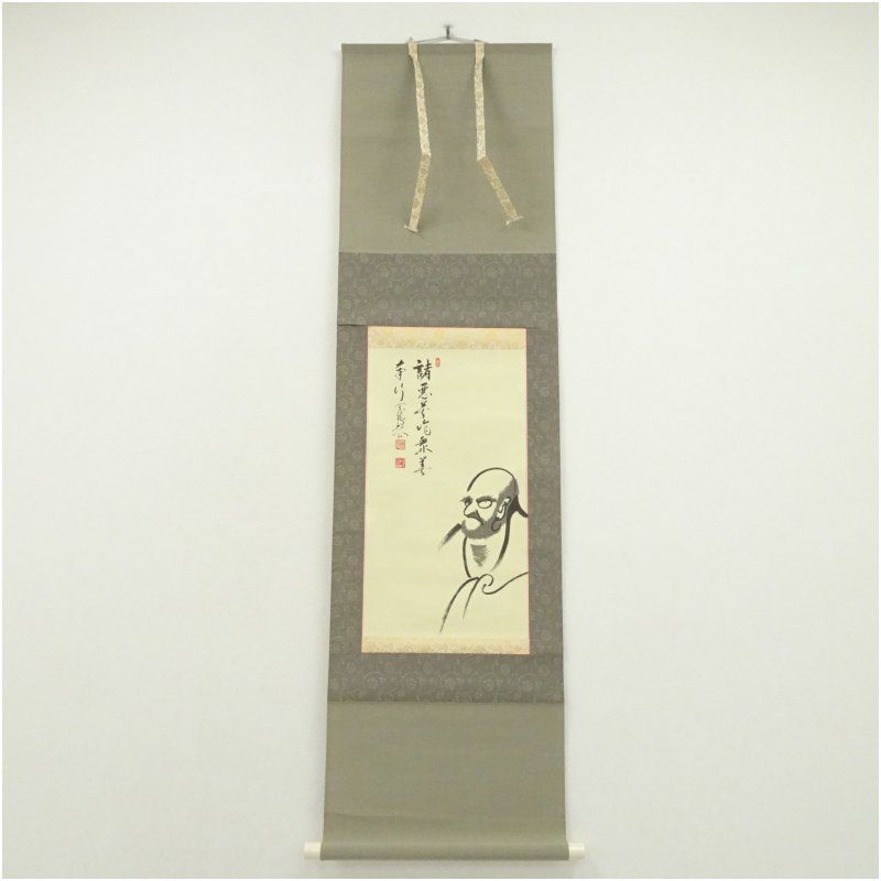 天龍寺 平田精耕（祖翁）筆 達磨画賛 肉筆紙本掛軸（紙箱） 掛け軸