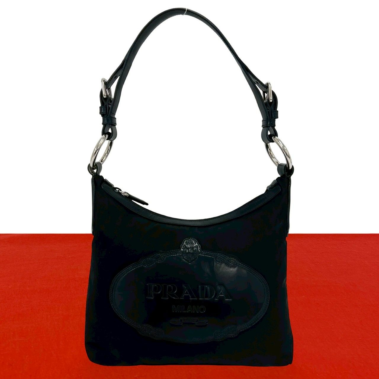 極 美品 PRADA プラダ ロゴ 刻印 ナイロン レザー 本革 セミ ワン