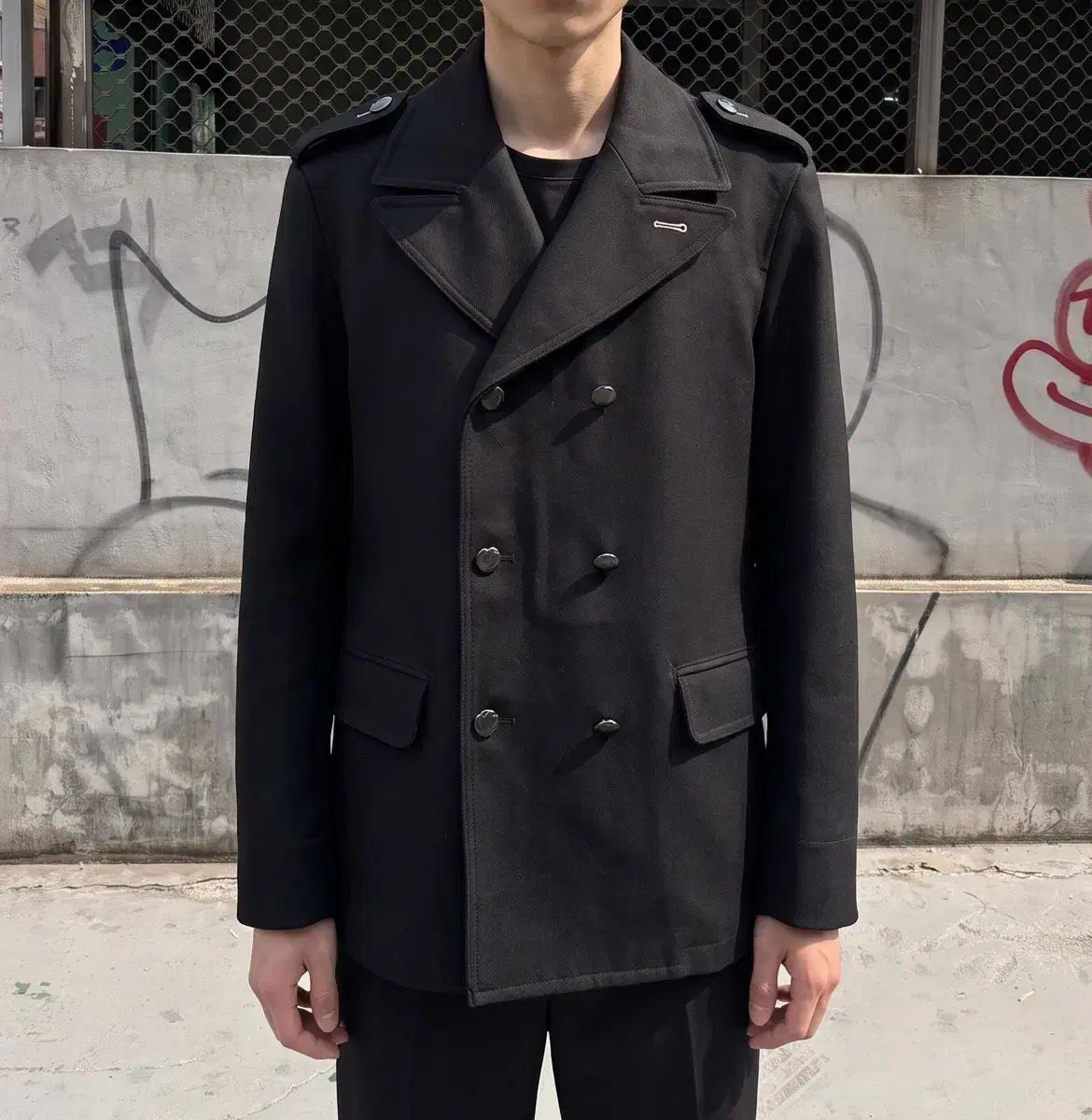 美品Burberry ブラック ダブルブレスト ピーコート M/ バーバリー ブラックレーベル 肩章 ダブル ブレスト ピーコート
