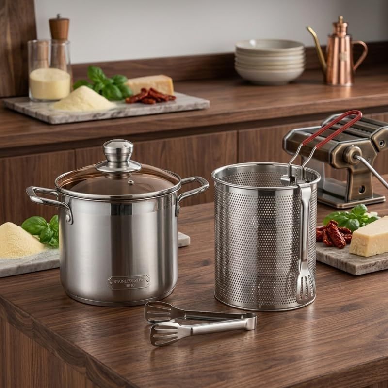 DEAN & DELUCA IH対応 ステンレスパスタ鍋 20cm　新品未開封 新品・未使用】 深型パスタ鍋 20cm 3L ステンレス製 透明ガラス蓋 揚げ