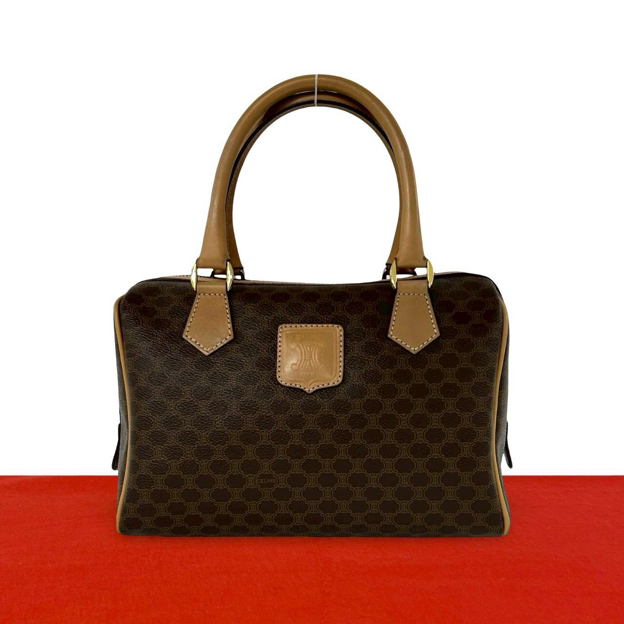 極 美品 CELINE セリーヌ ヴィンテージ マカダム ブラゾン ロゴ 柄 レザー 本革 ハンドバッグ ミニ ボストンバッグ ブラウン 35619