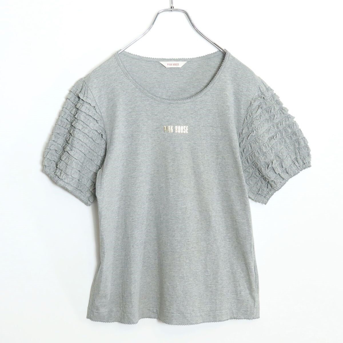 【美品】ピンクハウス★袖段々フリル♪半袖カットソー Tシャツ 大きいサイズL ライトグレー系 ふんわり袖♪無地 z18411