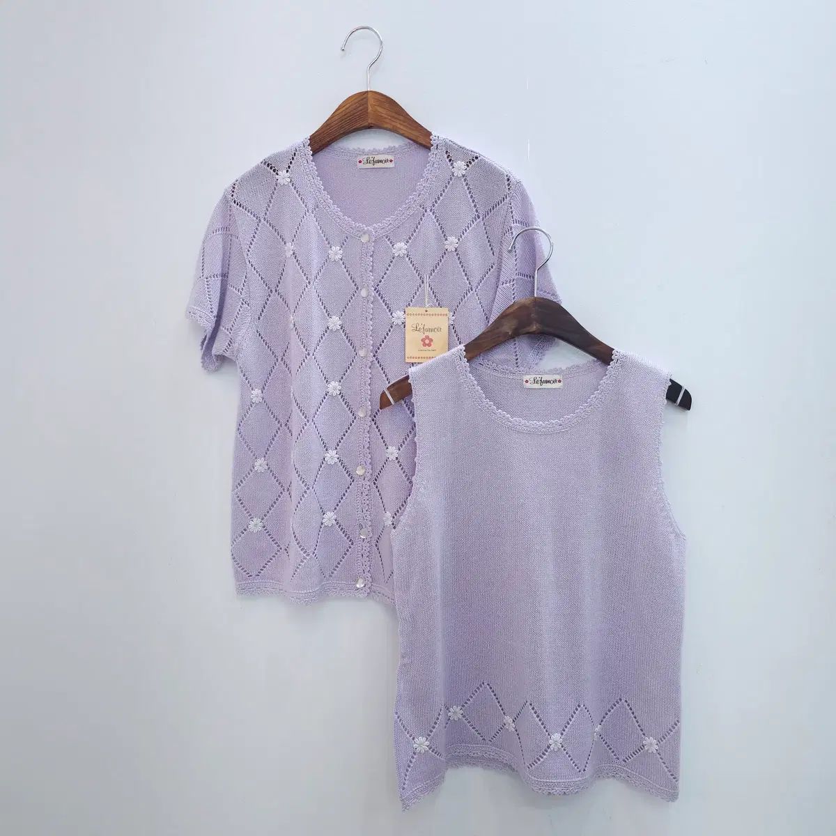 ジャパン ラベンダー フラワー ニット カーディガン セット 2PCS