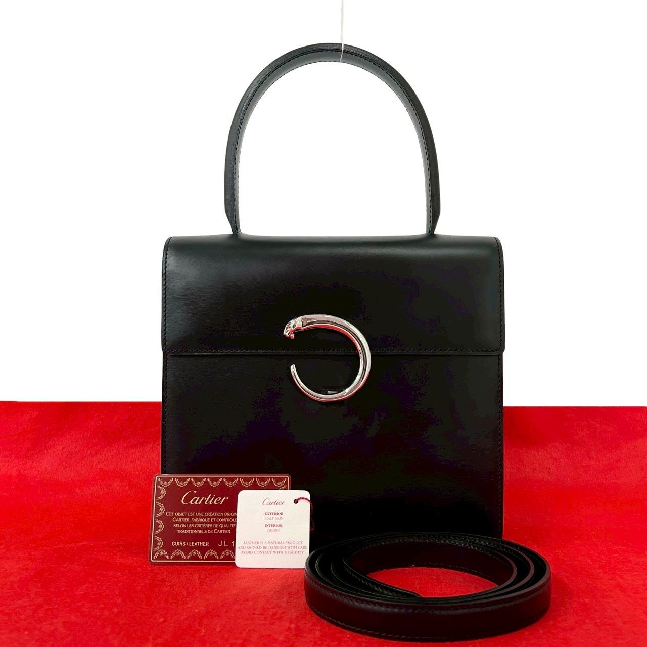 極 美品 CARTIER カルティエ ヴィンテージ パンテール パンサー 金具 レザー 本革 2way ハンドバッグ ショルダーバッグ ブラック 30110