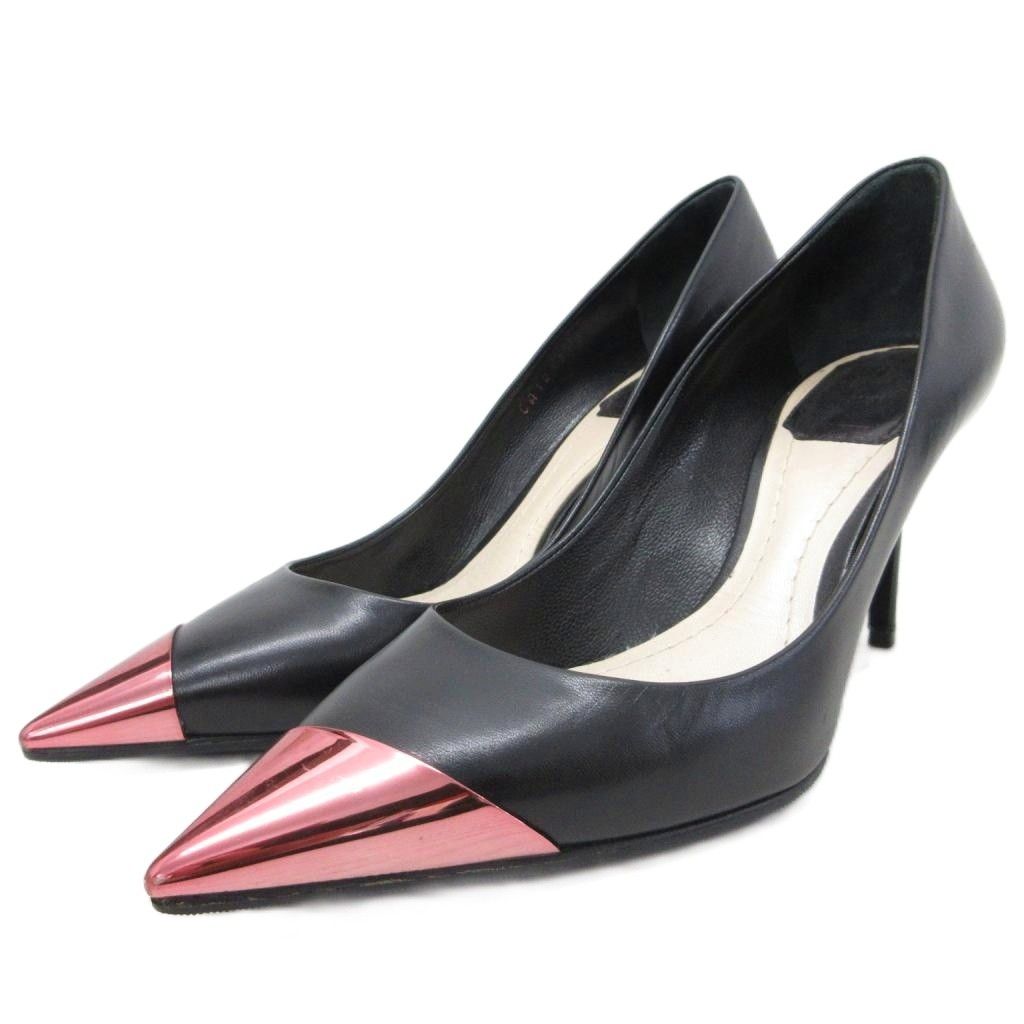 クリスチャンディオール Christian Dior 美品 パンプス メタルトゥ ポインテッドトゥ ピンヒール 35.5D 黒 ブラック ピンク ■IBO100