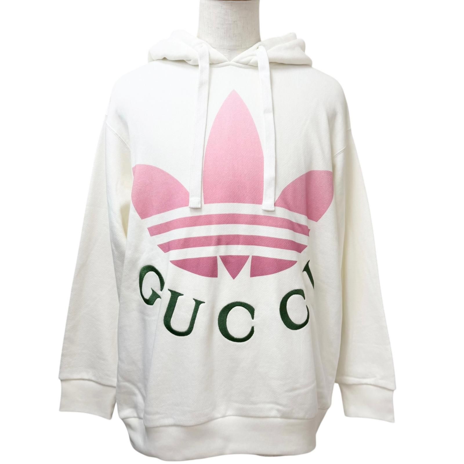極美品□GUCCI adidas グッチ アディダス 717427 トレフォイル アーチロゴ プルオーバーパーカー フーディー アイボリー M 伊製 正規品