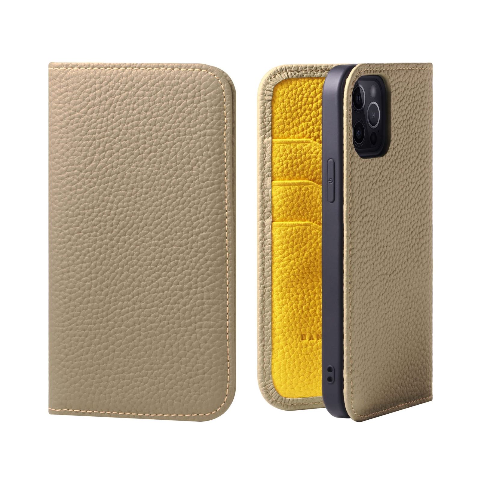 HANATORA for iPhone 14Pro ケース 手帳型 本革 スマホケース スマホ スタンド コードホルダー 付き シュリンクカーフレザー マグネットなし グレージュ + イエロー PH-14Pro-Grege-YL ギフト 誕生日 女性 男性 彼