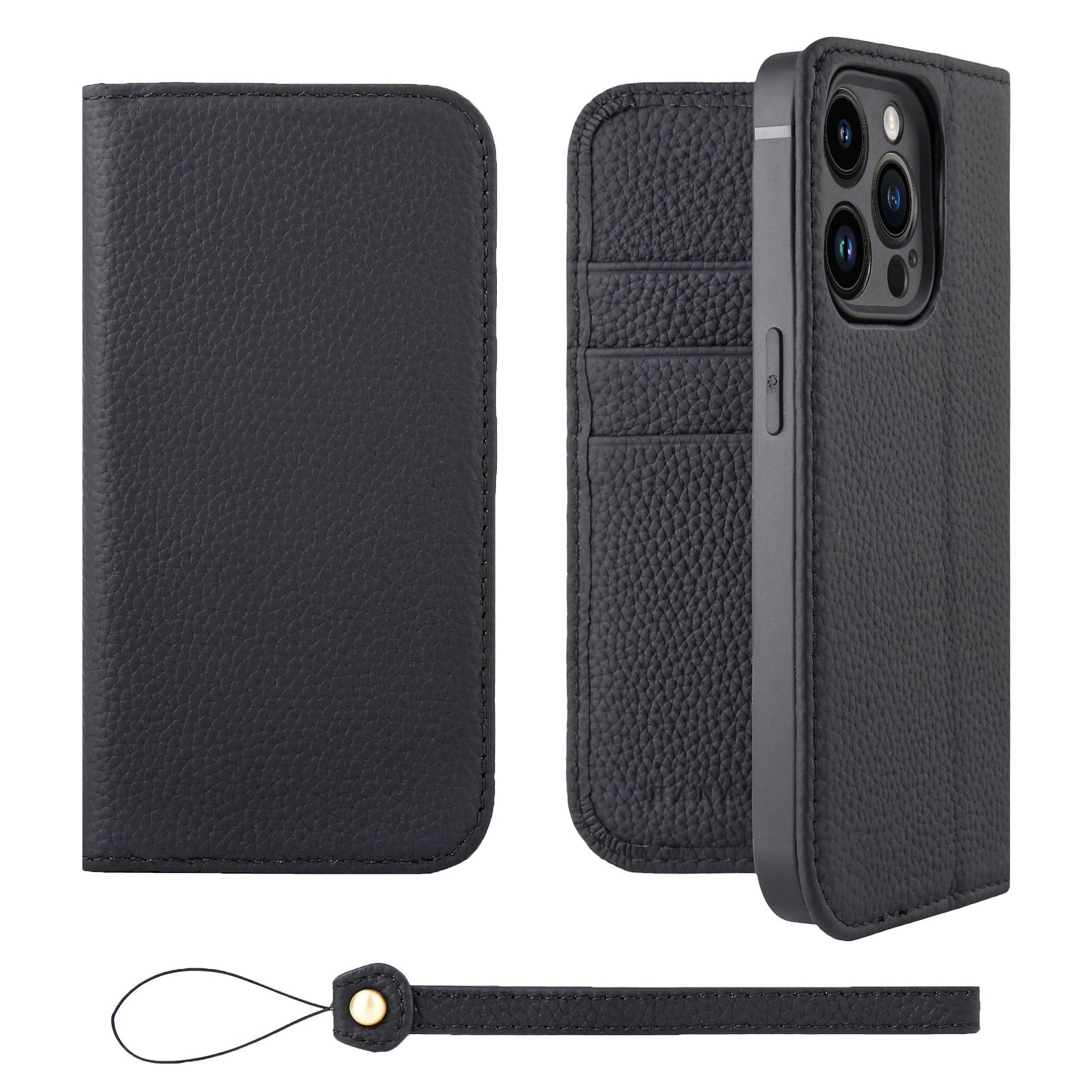 HANATORA for iPhone 14Pro ケース 手帳型 本革 スマホケース スマホ スタンド ストラップ 付き シュリンクカーフレザー ベルトなし マグネットなし ブラック H0XA-14Pro-Black ギフト 誕生日 女性 男性 彼女 お母さ