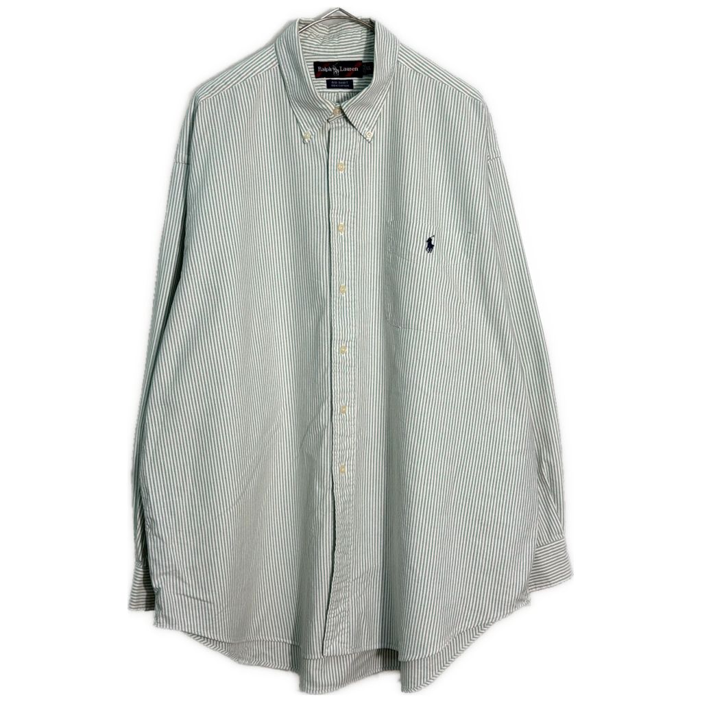 90年代 RALPH LAUREN ラルフローレン BIG SHIRT 長袖シャツ ストライプ グリーン(メンズ XL)中古 古着 Y6300