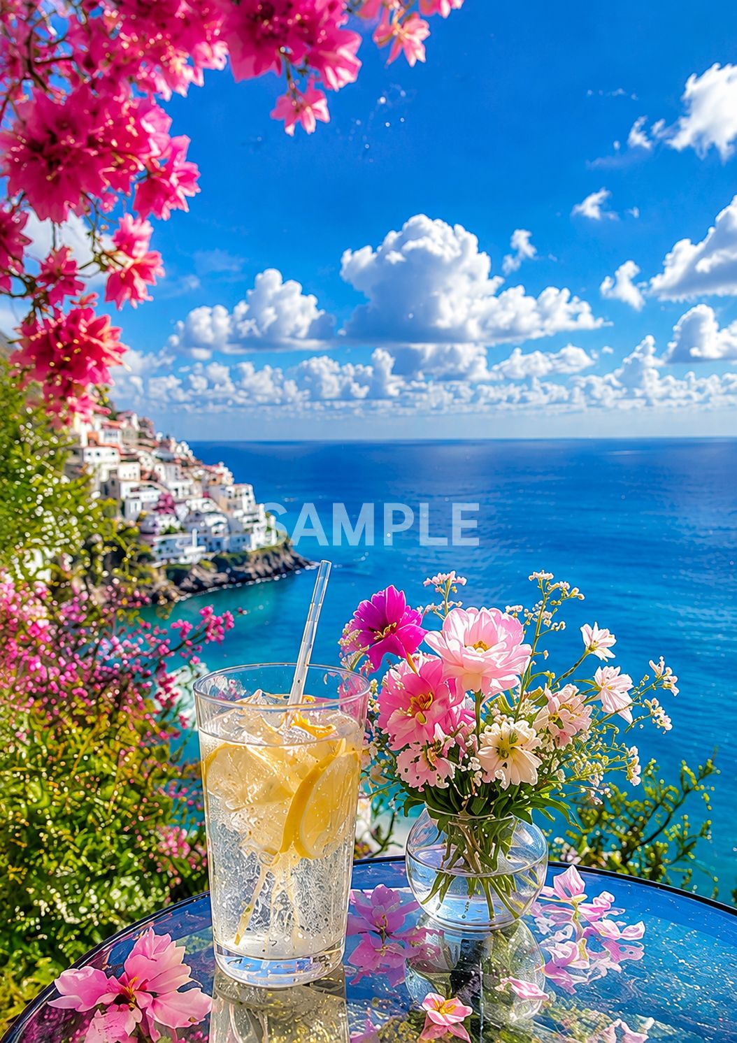 772 夏の海と花とレモンドリンク♡風景 ポスター・インテリアアート 2L