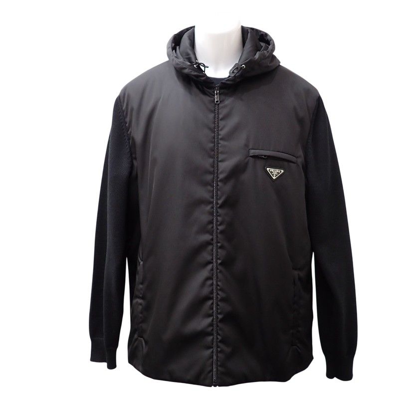 プラダ PRADA ニット切替ジャケット Re-Nylon 中綿 54 UMG026 ブルゾン ウール ナイロン 中綿 ポリエステル ブラック 秋冬 アウター ブラック金具 メンズ【中古】【Aランク】
