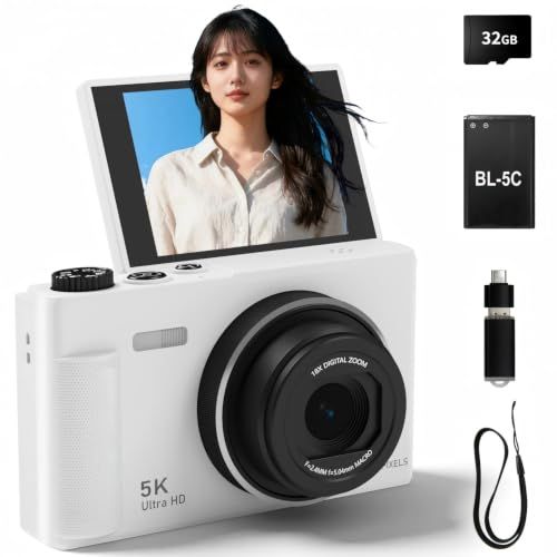 デジカメ 5K 7500万画素 デジタルカメラ 180度回転可能スクリーン 2.8インチスクリーン 18倍デジタルズーム オートフォーカス 32GB高速Micro SDカード付き 近接撮影 定時撮影 内蔵フラッシュ 自撮り ウェブカメラ コンパクトVLOGyu