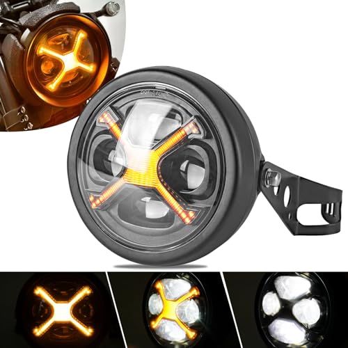 N◆Motikvansバイク ヘッドライト 汎用 レトロな黒X-メンシェイプ イエローDRL ハイ/ロービーム切り替え5.75インチ LED 丸目ヘッドライト ランプシェードホルダー付き マーシャル ブラケット オートバイ プロジェクター ホ 7d2828ea
