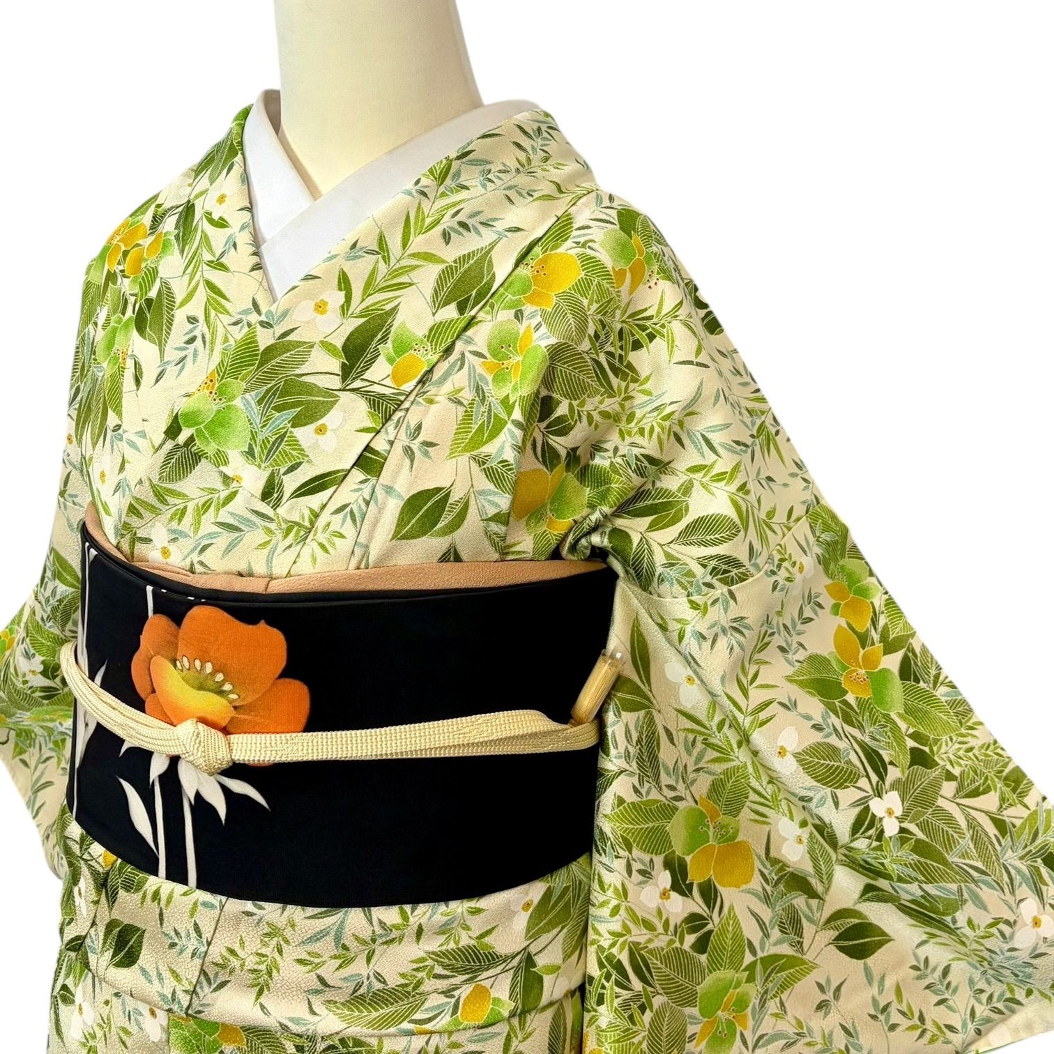 正絹 袷 小紋 名古屋帯 4点セット ボタニカル 草花柄 フルセット