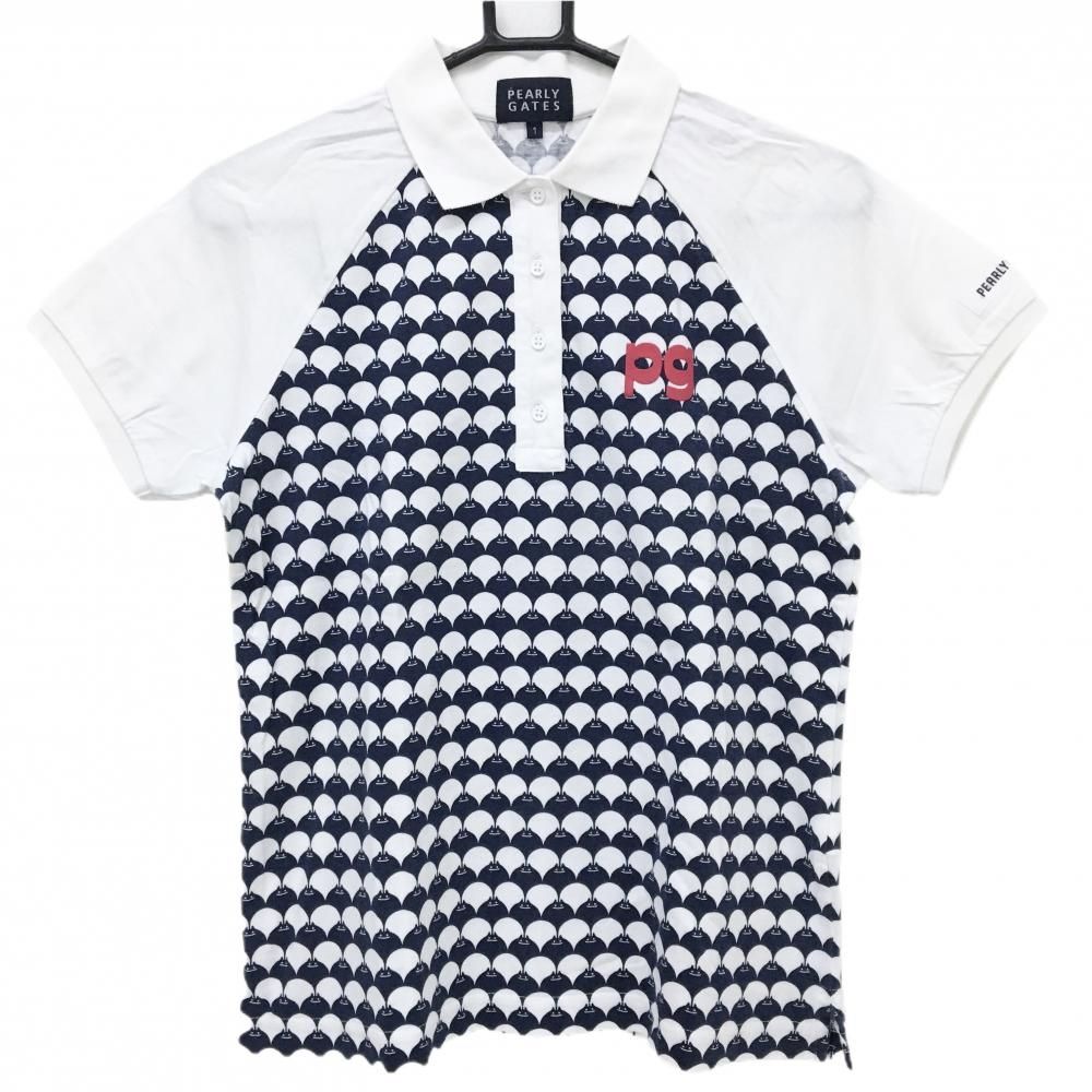 パーリーゲイツ 半袖ポロシャツ 白×ネイビー 総柄 レディース 1(M