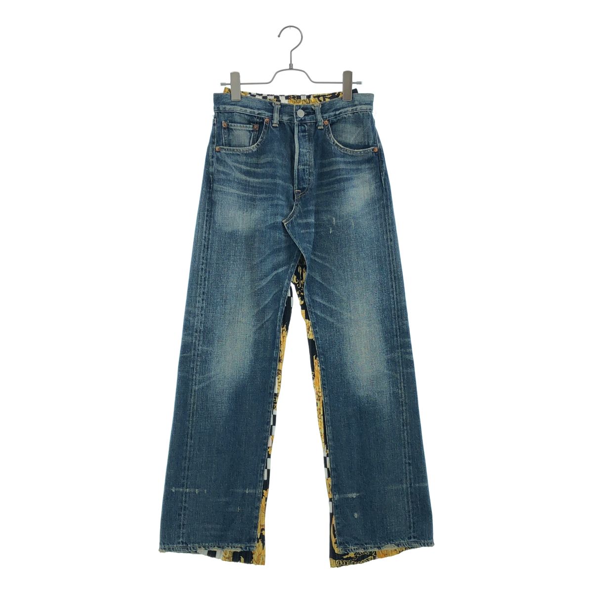 JUNYA WATANABE COMME des GARCONS denim / ジュンヤワタナベコムデギャルソンデニム | 2021AW | × VERSACE プリーツ切替 ダメージ加デニムパンツ | S | インディゴ | レディース