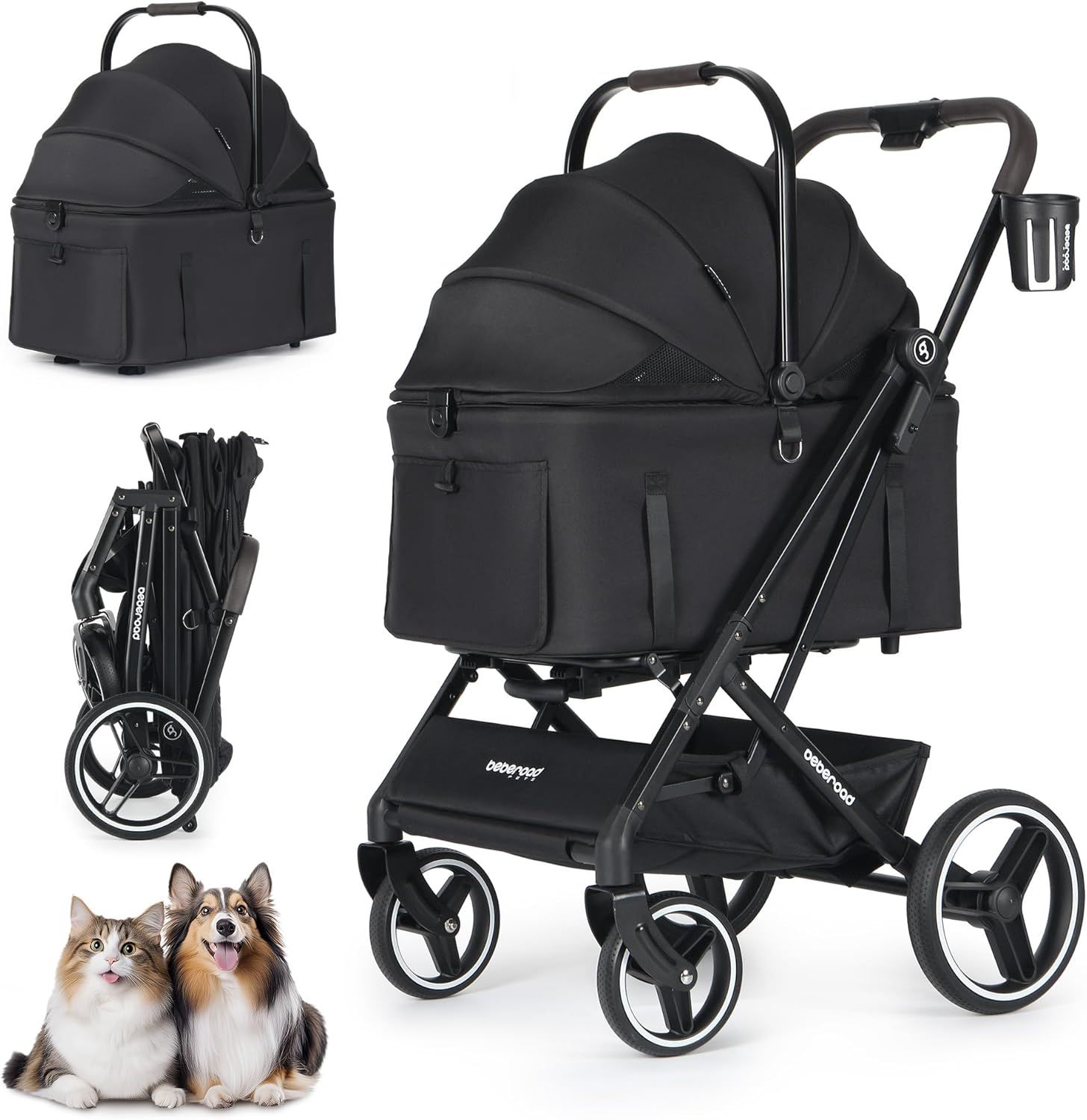 BEBEROAD PETS X-3 ペットベビーカー 中型犬 小型犬2匹 猫用 4輪 軽量 折りたたみ式 キャリア 犬用ベビーカー 防水 耐候性 カップホルダー 収納バスケット付 キャメル黒