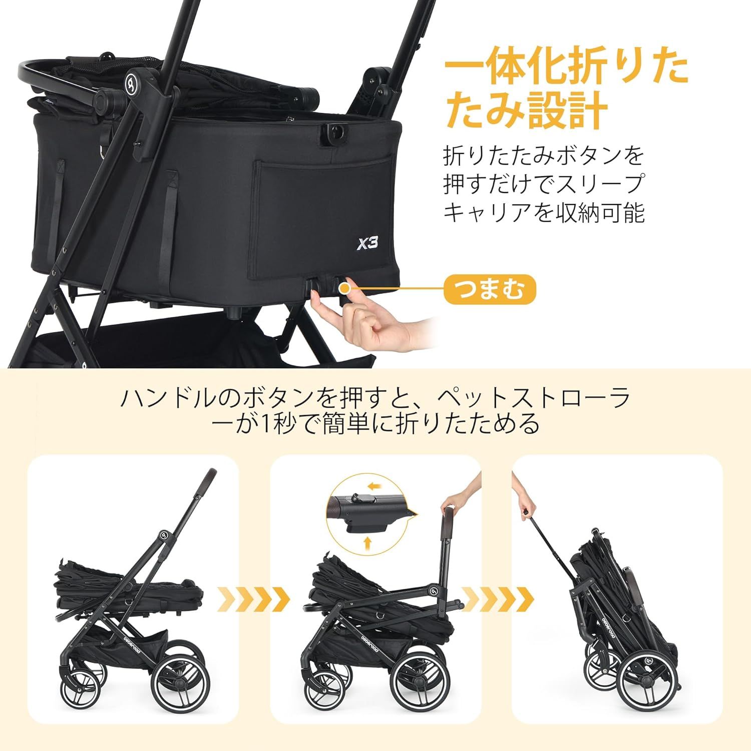BEBEROAD PETS X-3 ペットベビーカー 中型犬 小型犬2匹 猫用 4輪 軽量 折りたたみ式 キャリア 犬用ベビーカー 防水 耐候性 カップホルダー 収納バスケット付 キャメル黒