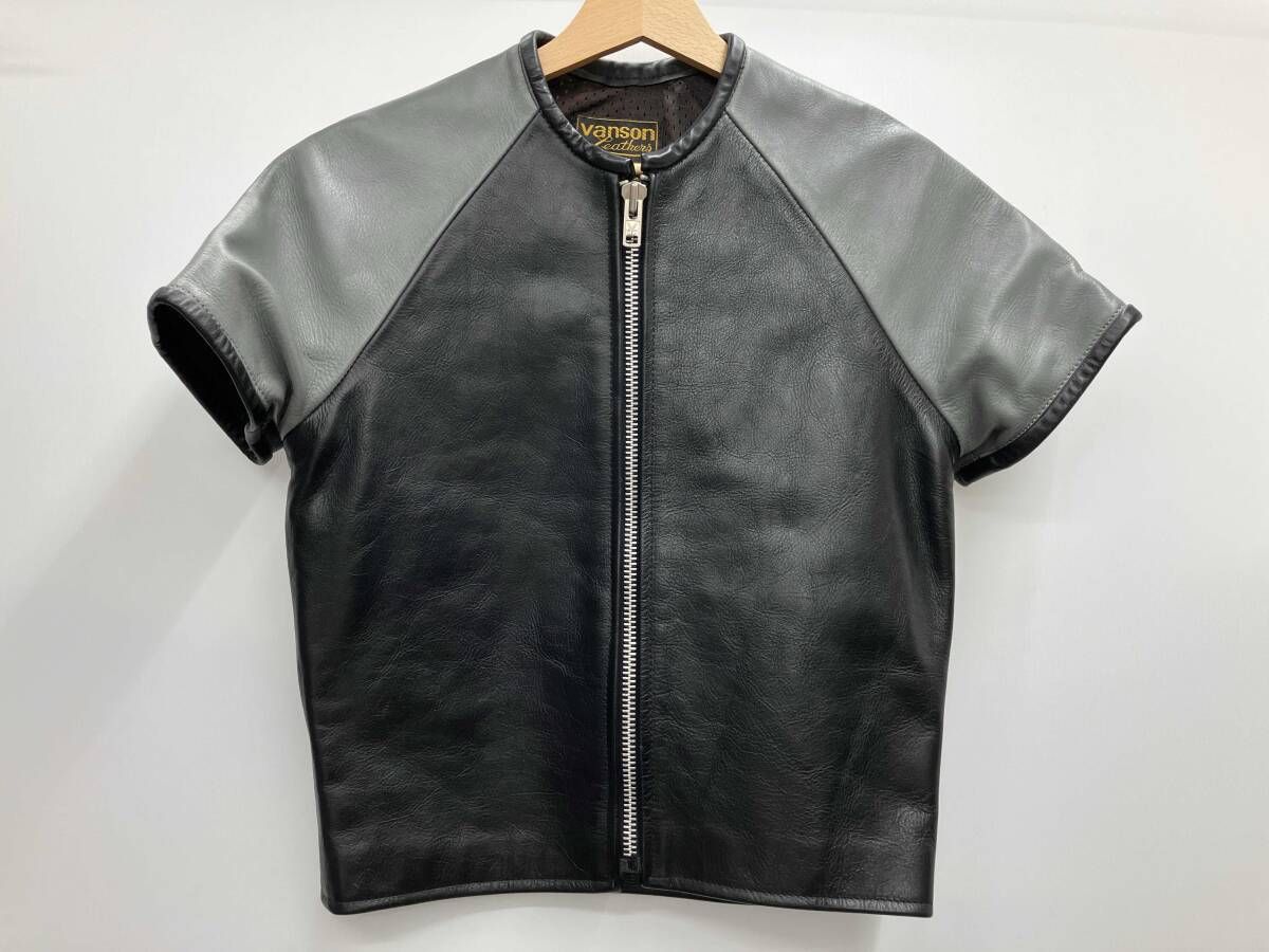 VANSON バンソン 半袖ライダース レザー 革製 パンチングレザーショートスリーブジャケット サイズSM ブラック×グレー 通年