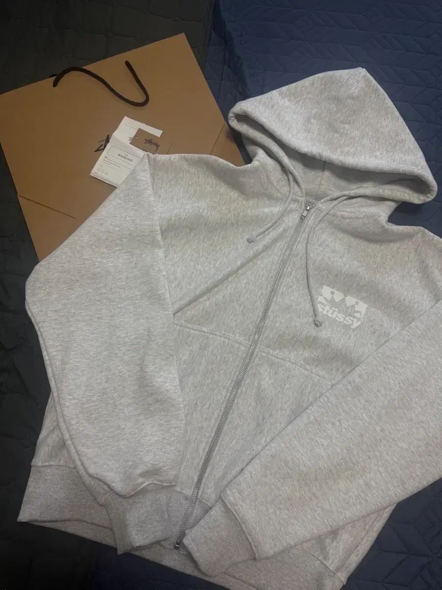 STUSSY クラウン フーディー ジップアップ アッシュ ヘザー L