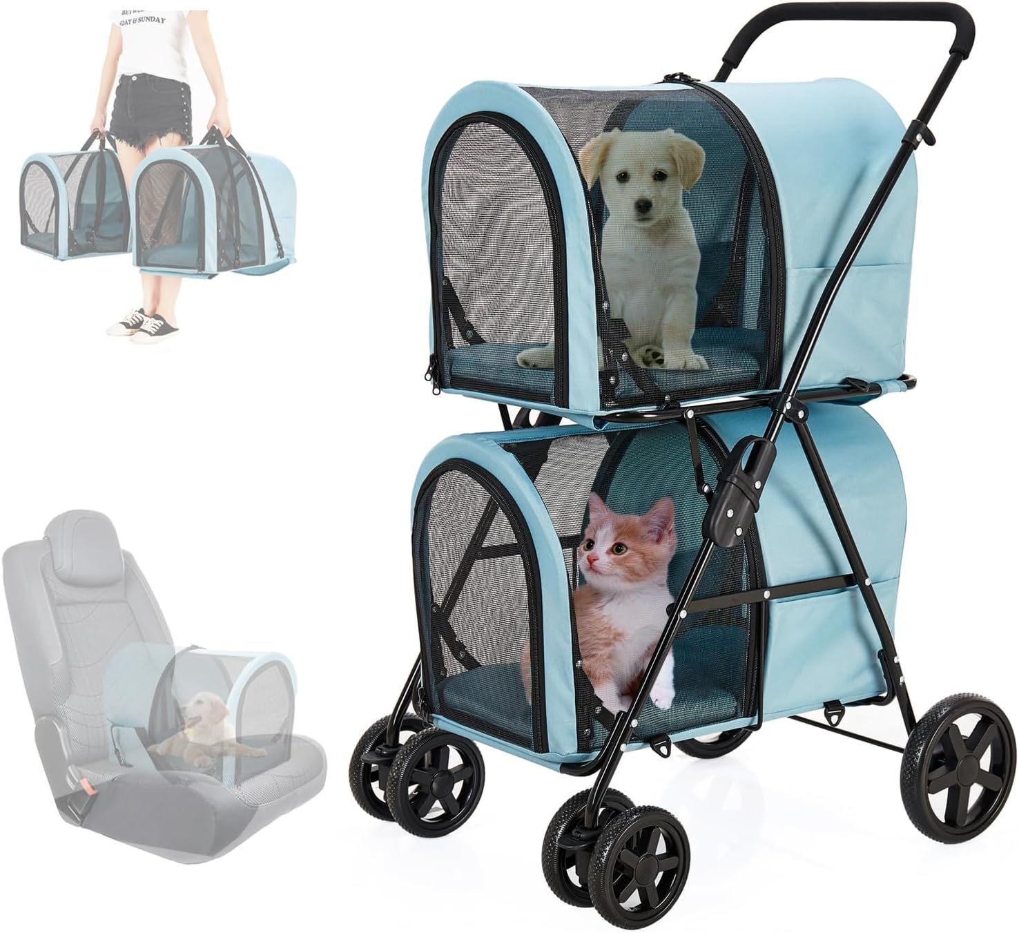 LPOTIUS ペットカート 2段式 分離型 折りたたみ 軽量 犬用ベビーカー 4輪 前輪360°回転 後輪ブレーキ付 小型犬 中型犬 猫兼用 耐荷重20KG 亜麻ブラック 10,815円