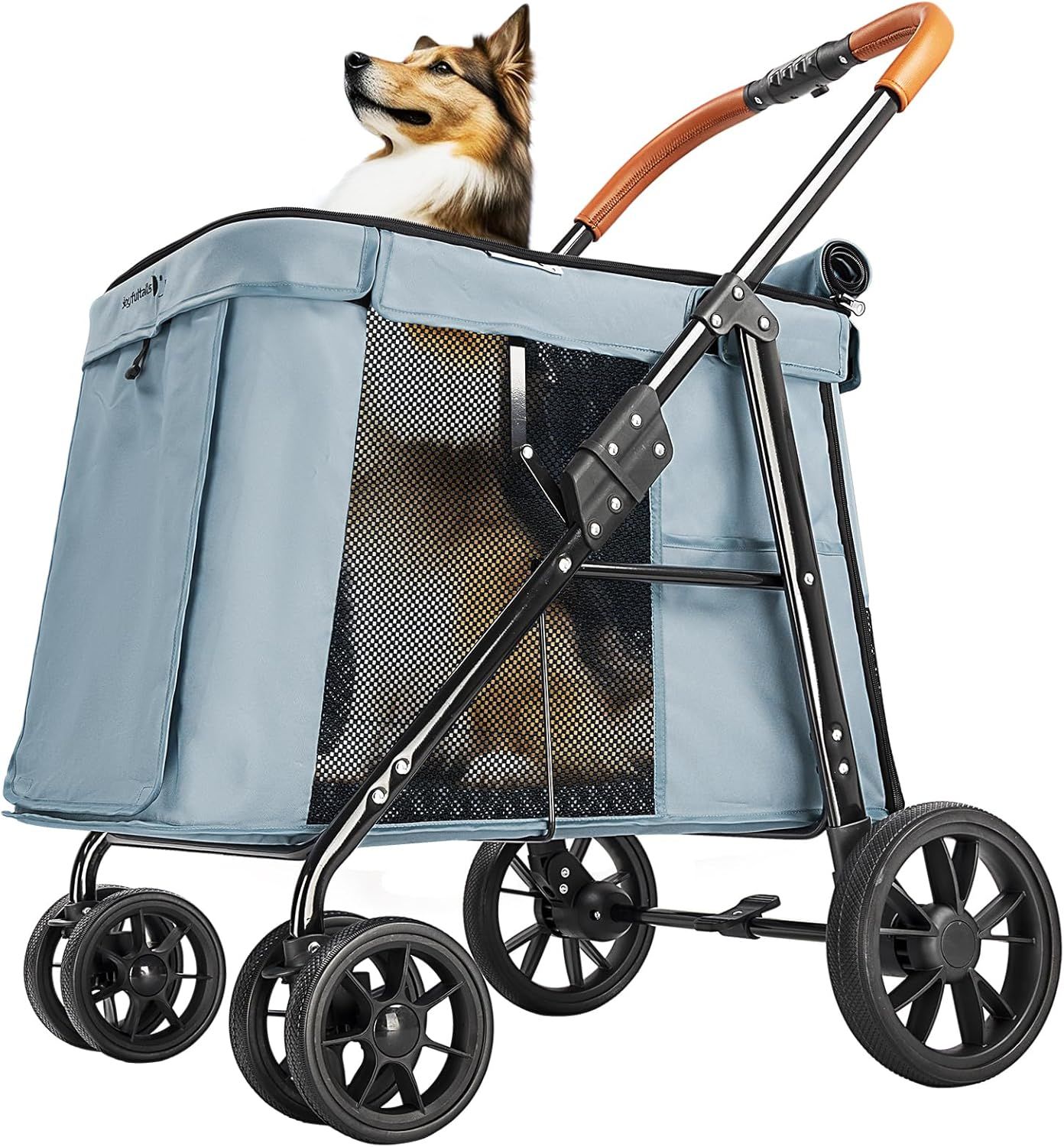Joyfultails ペットカート 大型犬 中型犬 多頭用 耐荷重30kg 低床型 ワンタッチ折りたたみ シャドウブルー 前輪360度回転 後輪ブレーキ付き シニア犬にも