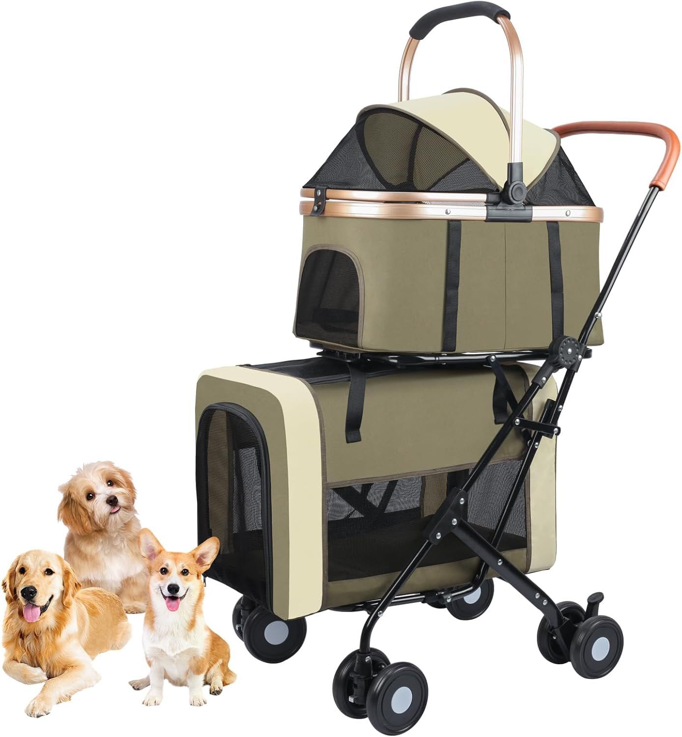 JZOOOZペットカート分離型2段式グリーン犬用ベビーカーキャスター付前輪360°回転軽量通気性折りたたみ取外し可猫犬同時移動可高耐荷重55ポンド