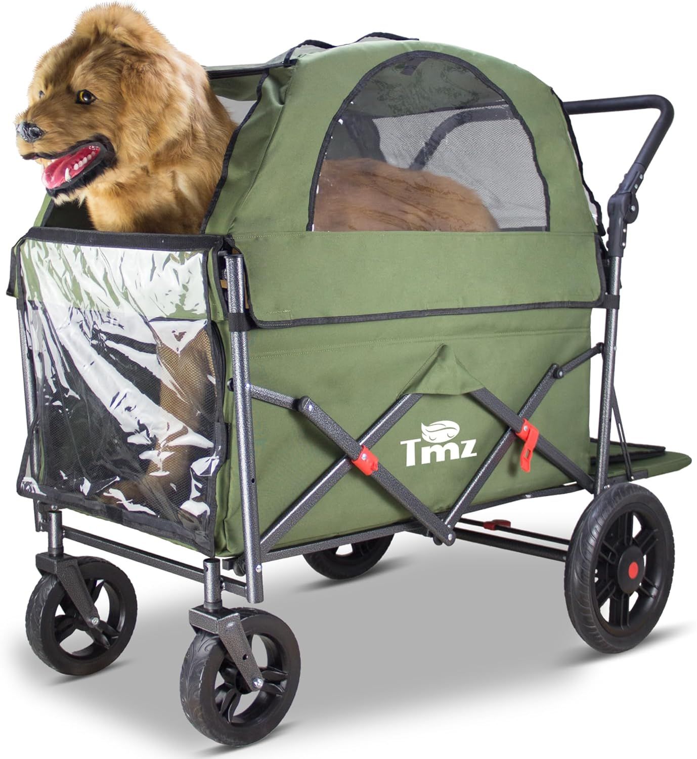 ペットカート 大型犬 中型犬 キャンプカート 120kg耐荷重 取り外し屋根 前後両サイド開閉 4輪ワンタッチ脱着 ハンドル角度調整 後部ブレーキ 頑丈 多機能