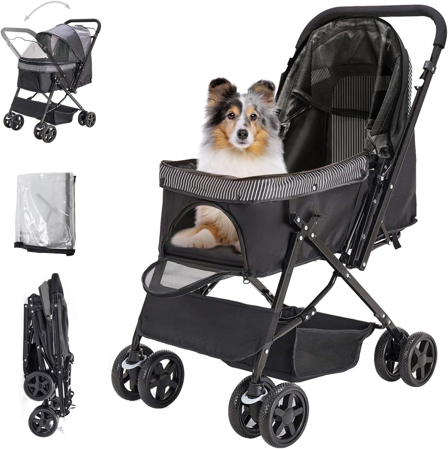 LPOTIUS ペットカート 軽量折りたたみ対面式2way犬猫用ベビーカー4輪前輪360度回転後輪ブレーキ付中型犬小型犬多頭用老犬介護用耐荷重20KGブラックレインカバー付